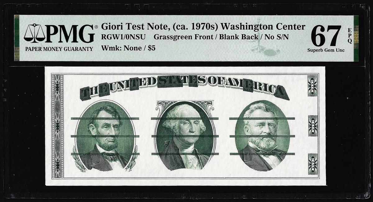 Circa 1970's Washington Center Giori Test Note PMG Superb Gem Uncirculated 67EPQ