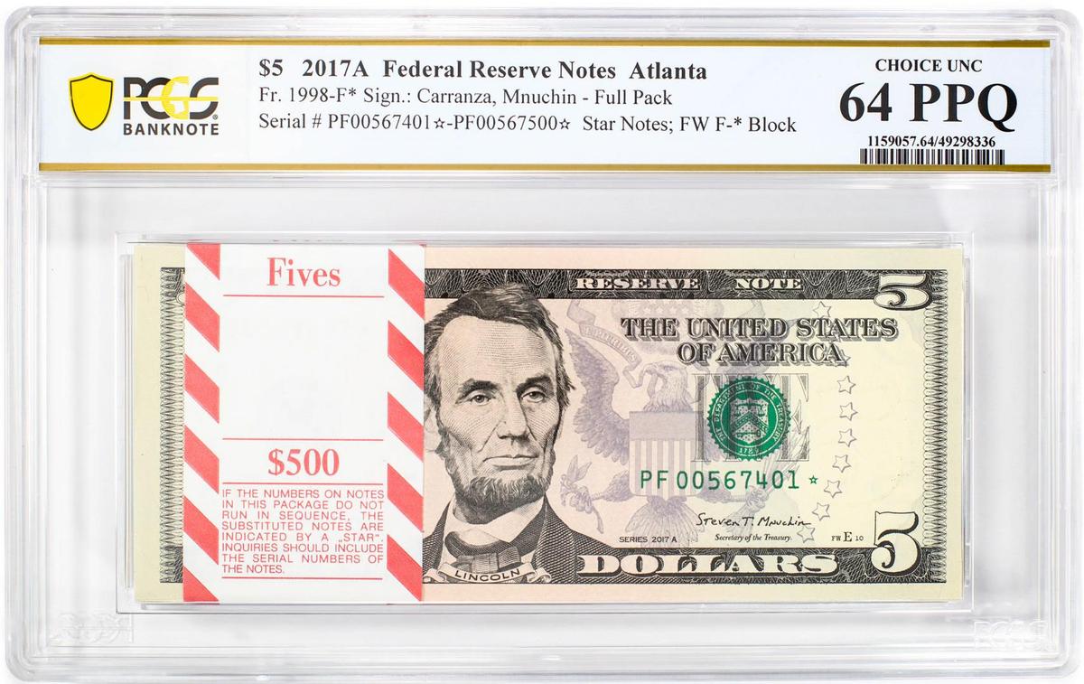 Pack of 2017A $5 Federal Reserve STAR Notes Atlanta Fr.1998-F* PCGS Choice UNC 64PPQ