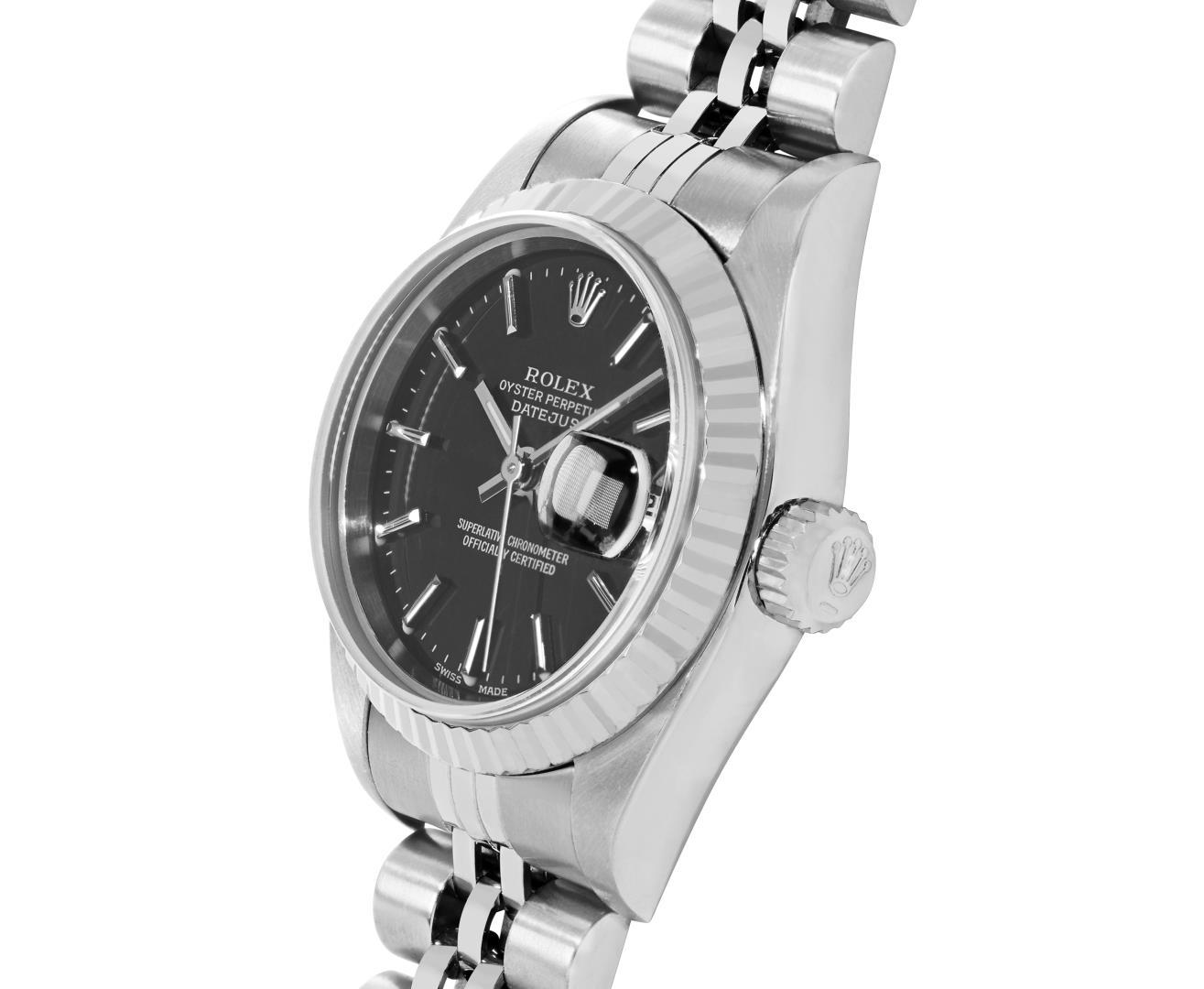 Rolex Ladies Stainless Steel Black Index Datejust Wristwatch