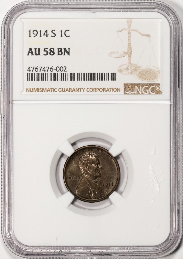 1914-S Lincoln Wheat Cent Coin NGC AU58BN