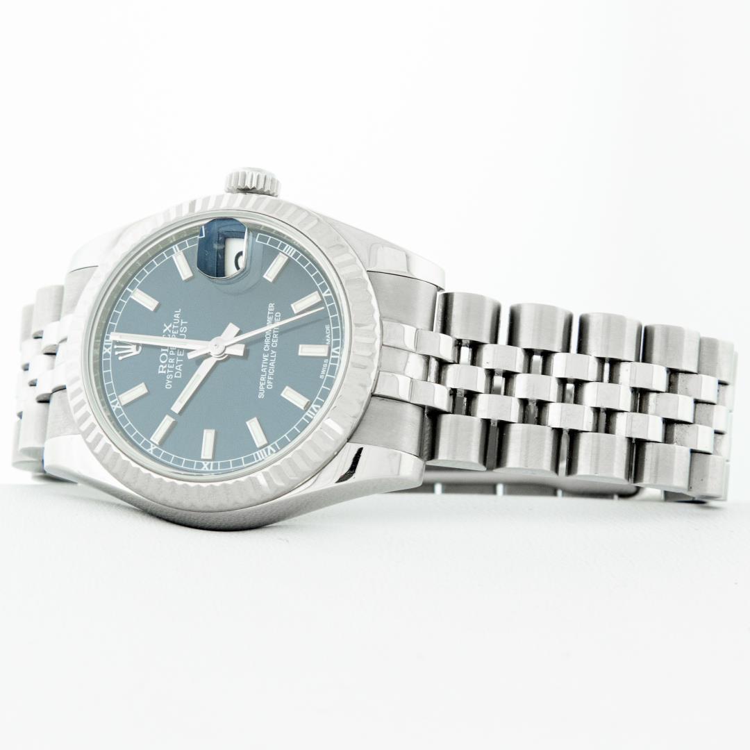 Rolex Ladies Midsize Stainless Steel Blue Index Datejust Wristwatch