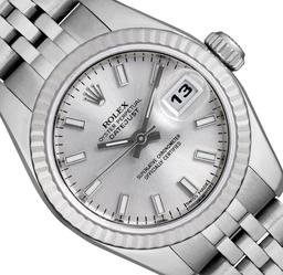 Rolex Ladies Stainless Steel Silver Index Datejust Wristwatch With Rolex Box