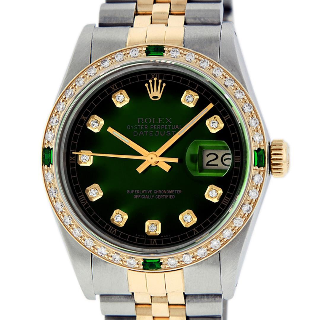 Rolex Mens Two Tone Green Vignette Emerald and Diamond Datejust Wristwatch