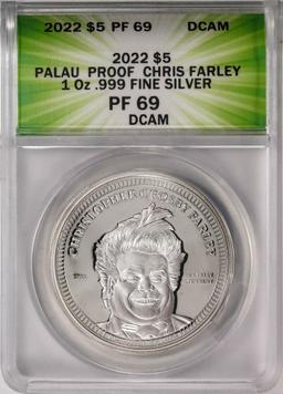 2022 $5 Palau Proof Chris Farley Silver Coin ANACS PF69DCAM