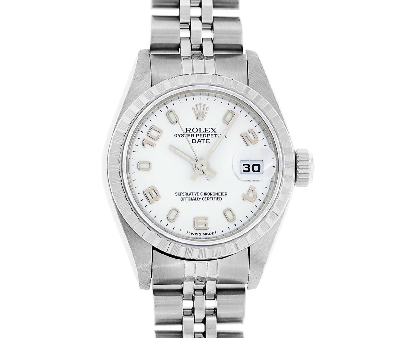 Rolex Ladies Stainless Steel White Arabic Datejust Wristwatch