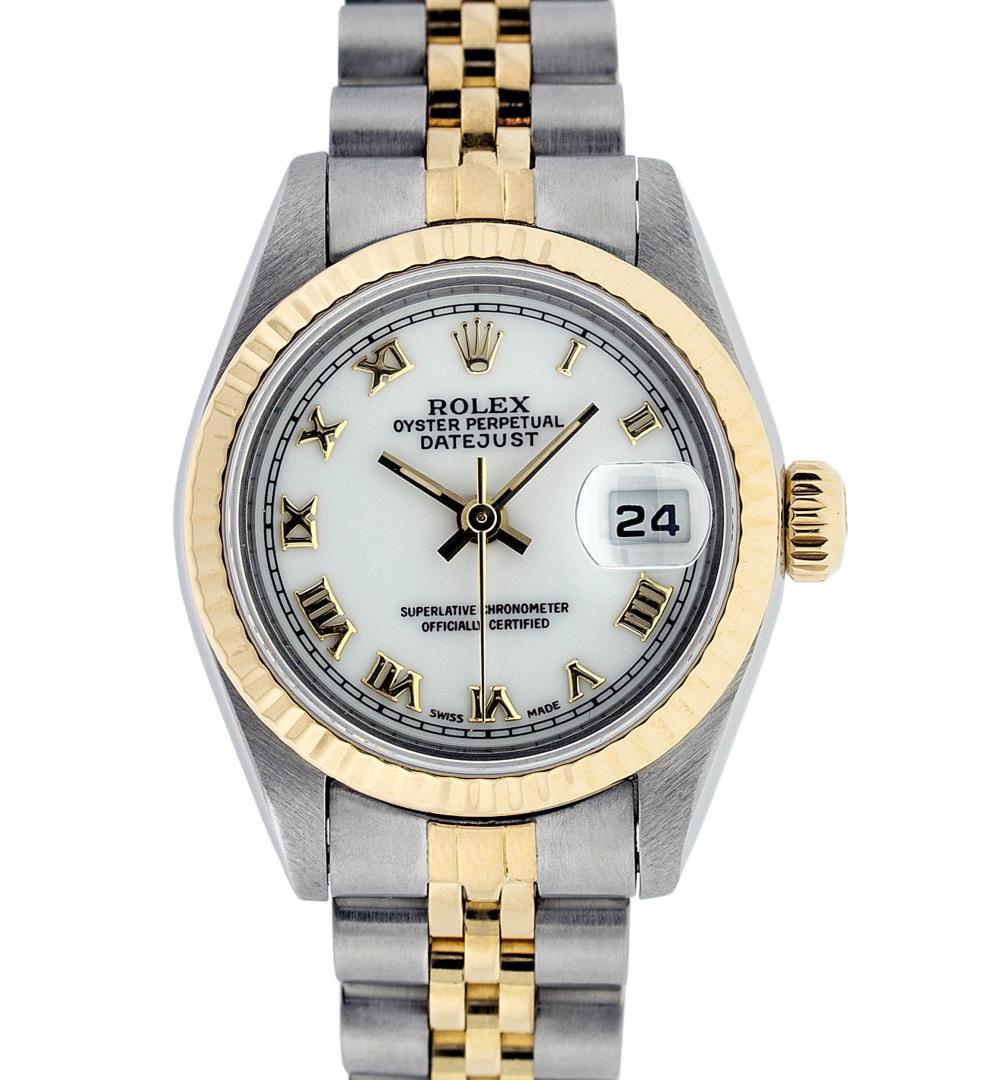 Rolex Ladies Two Tone White Roman Datejust Wristwatch