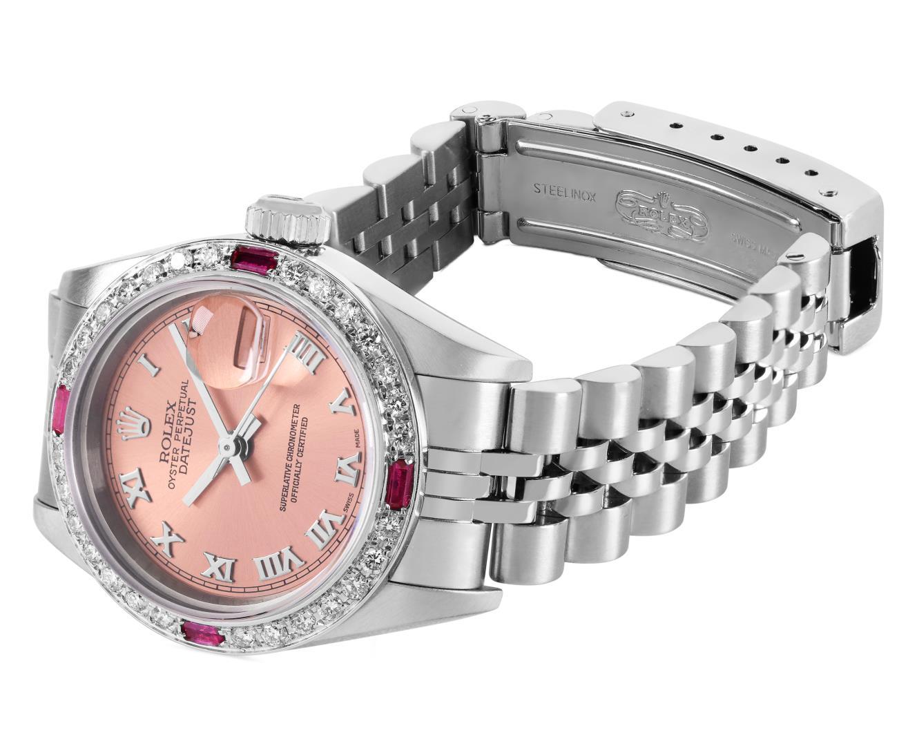 Rolex Ladies Stainless Steel Salmon Roman Ruby and Diamond Datejust Wristwatch