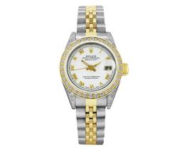 Rolex Ladies Two Tone White Roman Diamond Datejust Wristwatch With Rolex Box