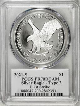 2021-S Type 2 $1 American Silver Eagle Coin PCGS PR70DCAM Emily Damstra Signature FS