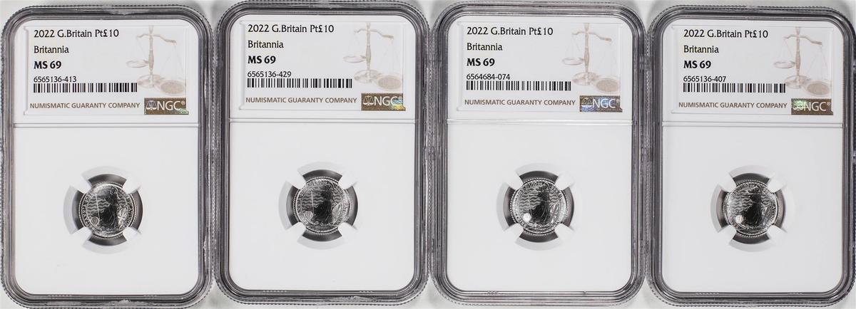 Lot of (4) 2022 Great Britain 10 Pounds Britannia 1/10oz Platinum Coins NGC MS69