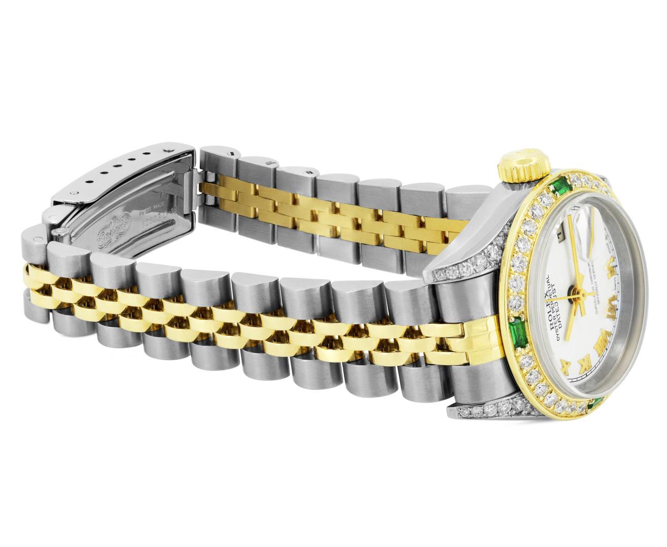 Rolex Ladies Two Tone Emerald and Diamond Datejust Wristwatch With Rolex Box