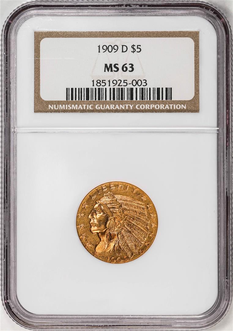 1909-D $5 Indian Head Half Eagle Gold Coin NGC MS63