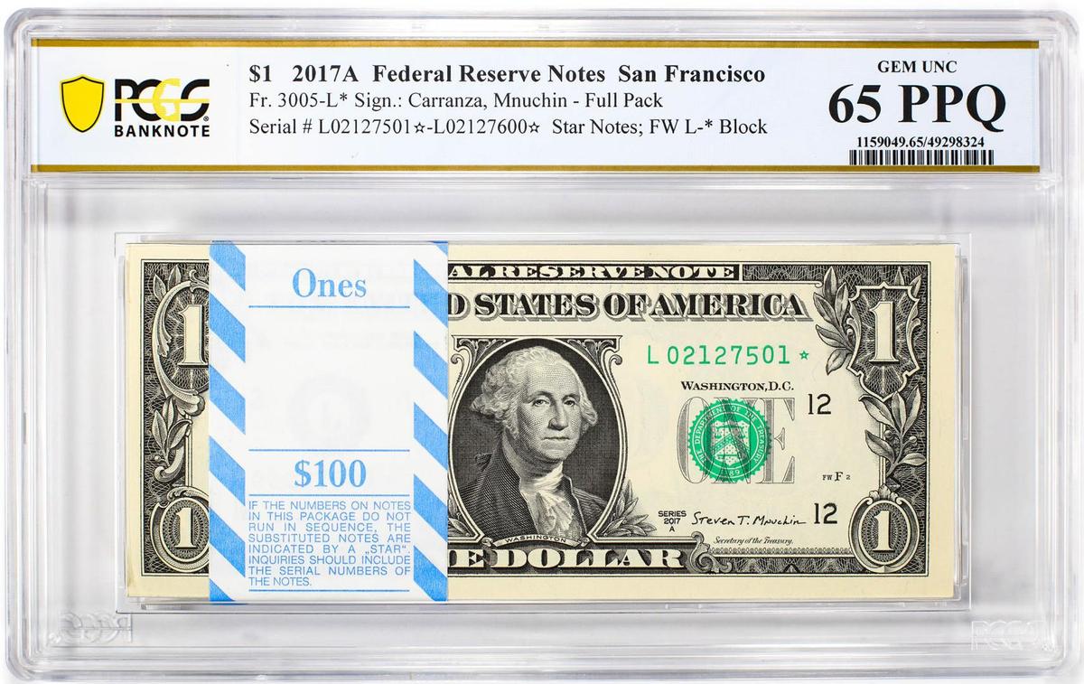 Pack of 2017A $1 Federal Reserve STAR Notes SF Fr.3005-L* PCGS Gem UNC 65PPQ