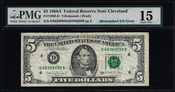 1988A $5 Federal Reserve Note Mismatched Serial Number Error Fr.1980-D PMG Ch. Fine 15