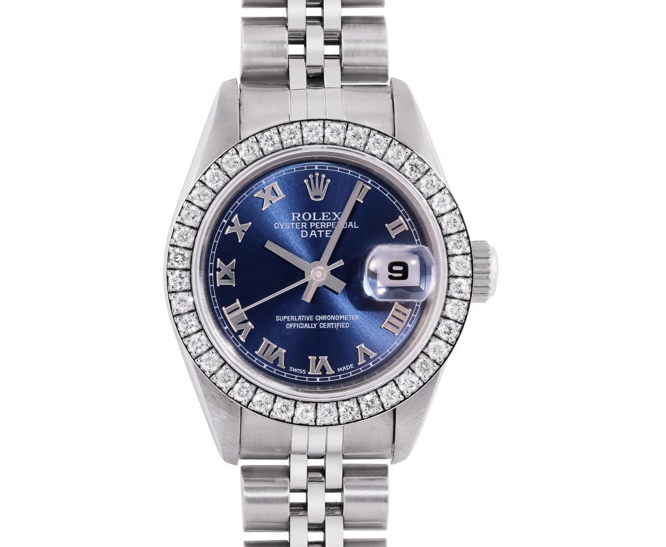 Rolex Ladies Stainless Steel Blue Roman Diamond Date Wristwatch