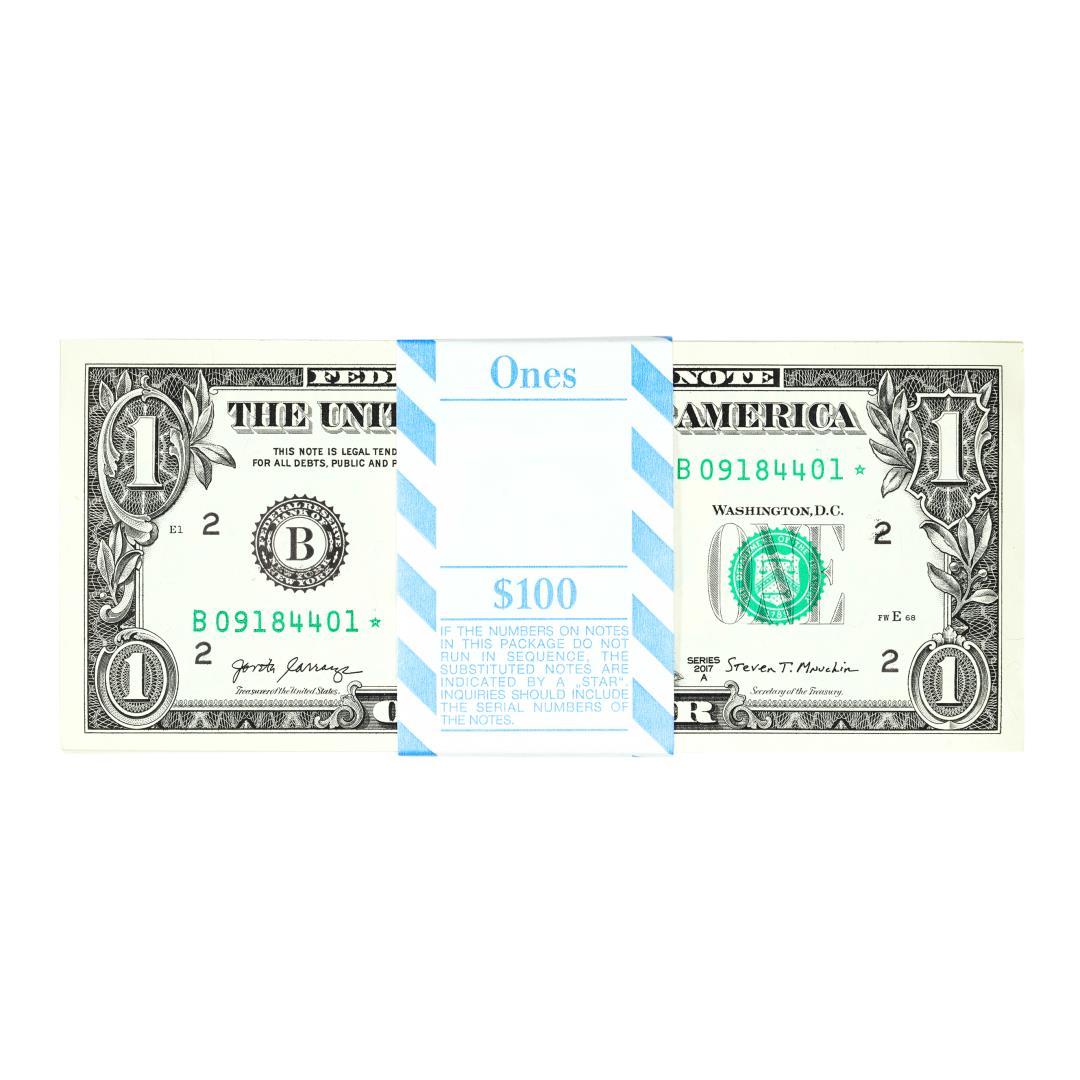 Pack of (100) Consecutive 2017A $1 Federal Reserve STAR Notes New York