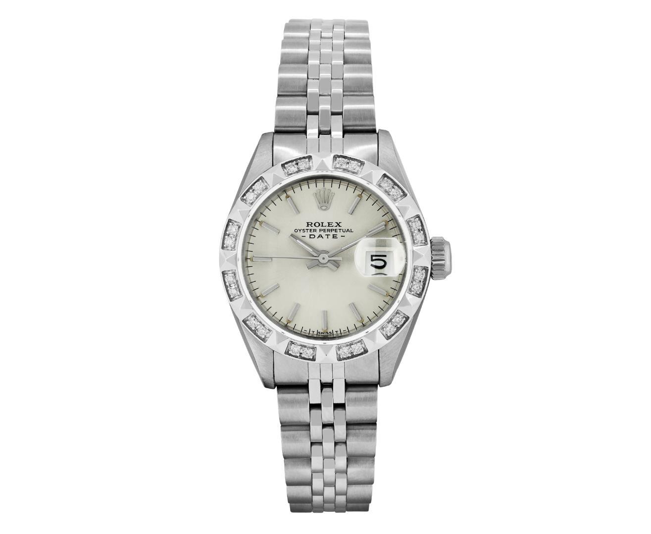 Rolex Ladies Stainless Steel Silver Index Diamond Date Wristwatch With Rolex Box