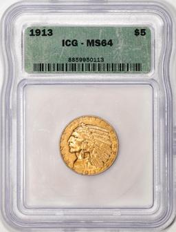 1913 $5 Indian Head Half Eagle Gold Coin ICG MS64