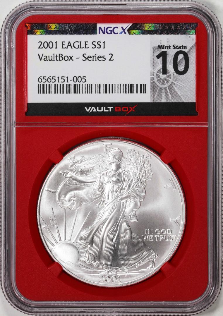 2001 $1 American Silver Eagle Coin NGCX Mint State 10 VaultBox Series 2