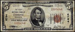 1929 $5 The First National Bank of Emmons, MN CH# 6784 National Currency Note