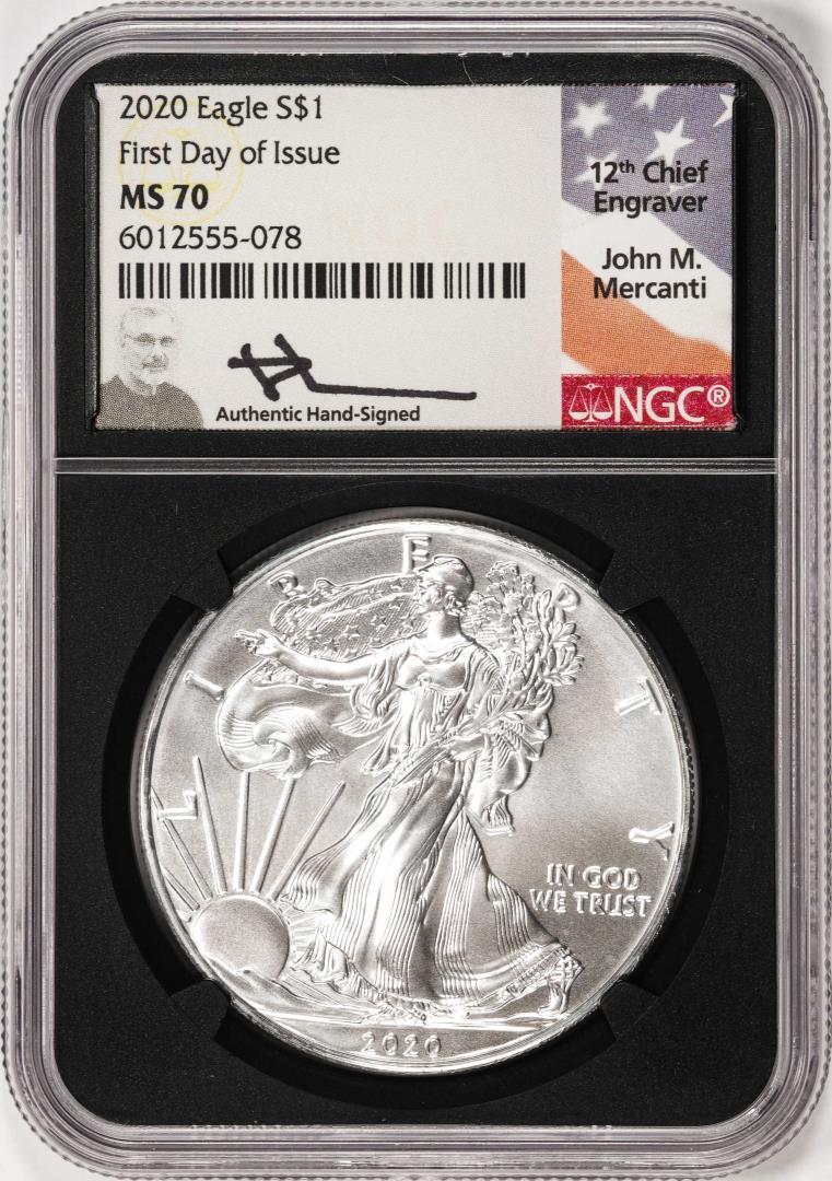 2020 $1 American Silver Eagle Coin NGC MS70 First Day of Issue Mercanti Signature