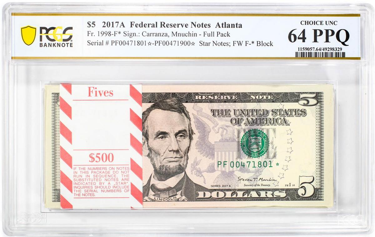 Pack of 2017A $5 Federal Reserve STAR Notes Atlanta Fr.1998-F* PCGS Choice UNC 64PPQ