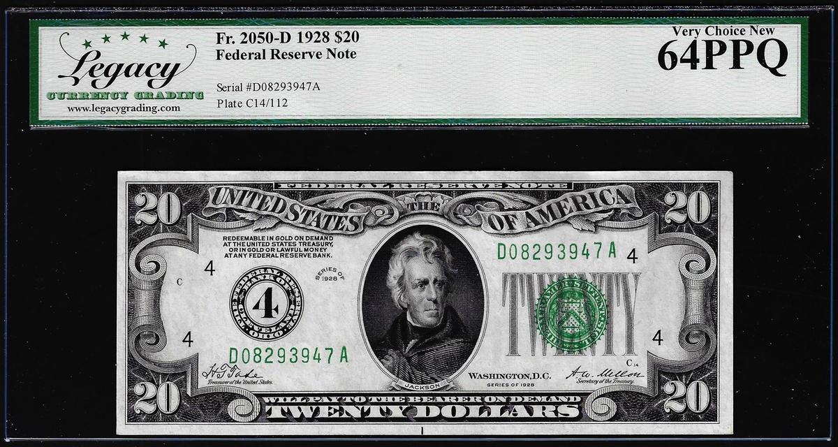 1928 $20 Federal Reserve Note Cleveland Fr.2050-D Legacy Very Choice New 64PPQ