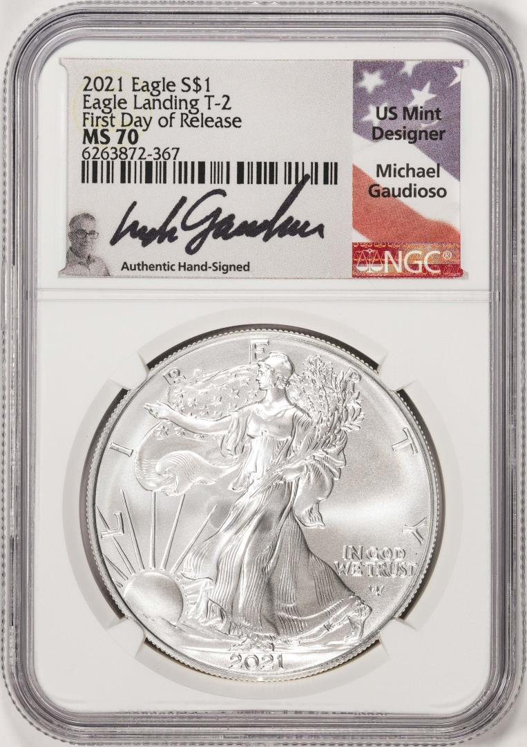 2021 Ty. 2 $1 American Silver Eagle Coin NGC MS70 First Day Release Gaudioso Signed