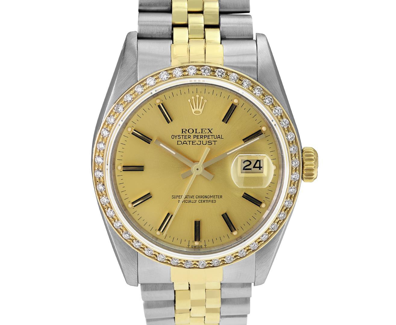 Rolex Mens Two Tone Champagne Index Diamond Datejust Wristwatch With Rolex Box