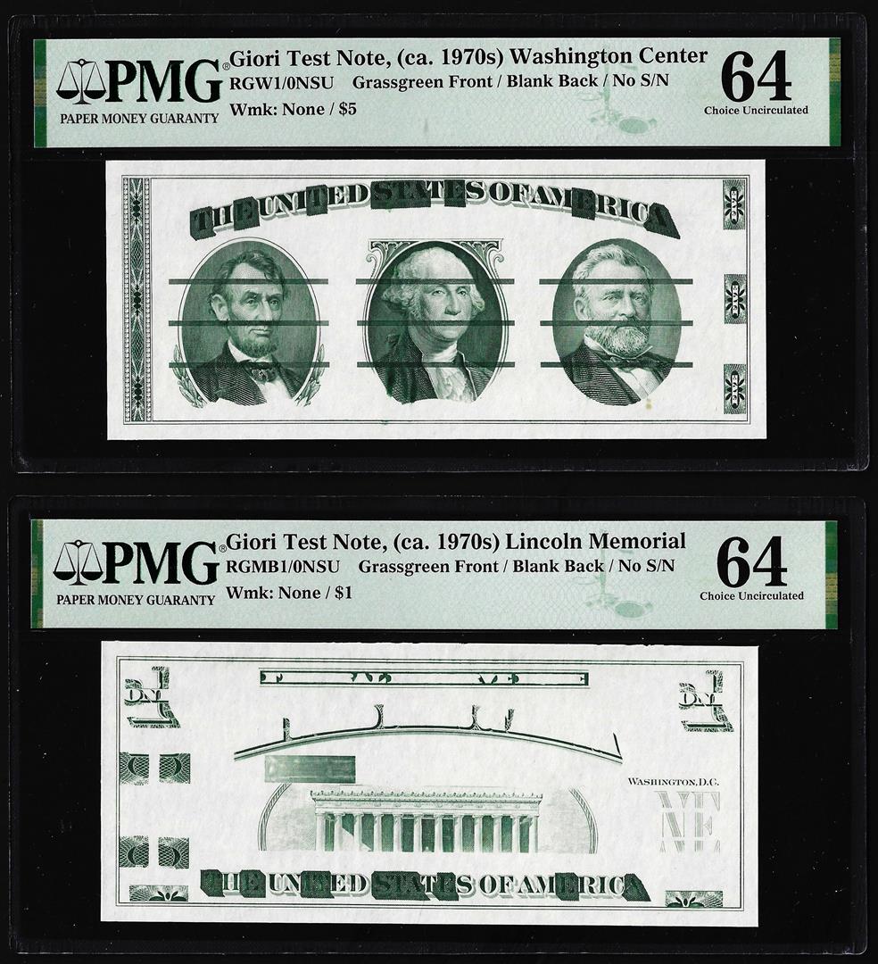 Set of Giori Test Note Washington & Lincoln Memorial PMG Choice Uncirculated 64