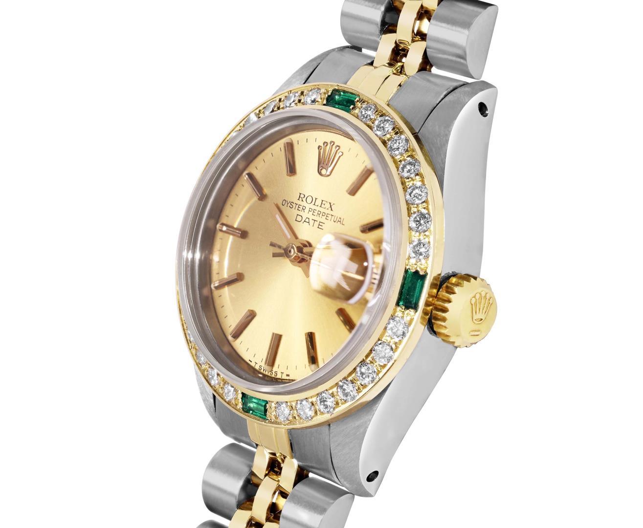 Rolex Ladies Two Tone Emerald and Diamond Date Wristwatch