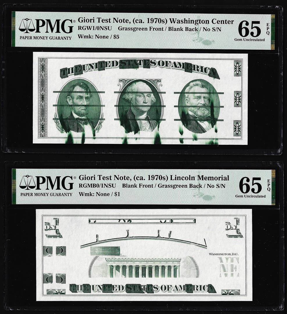 Set of Giori Test Note Washington & Lincoln Memorial PMG Gem Uncirculated 65EPQ