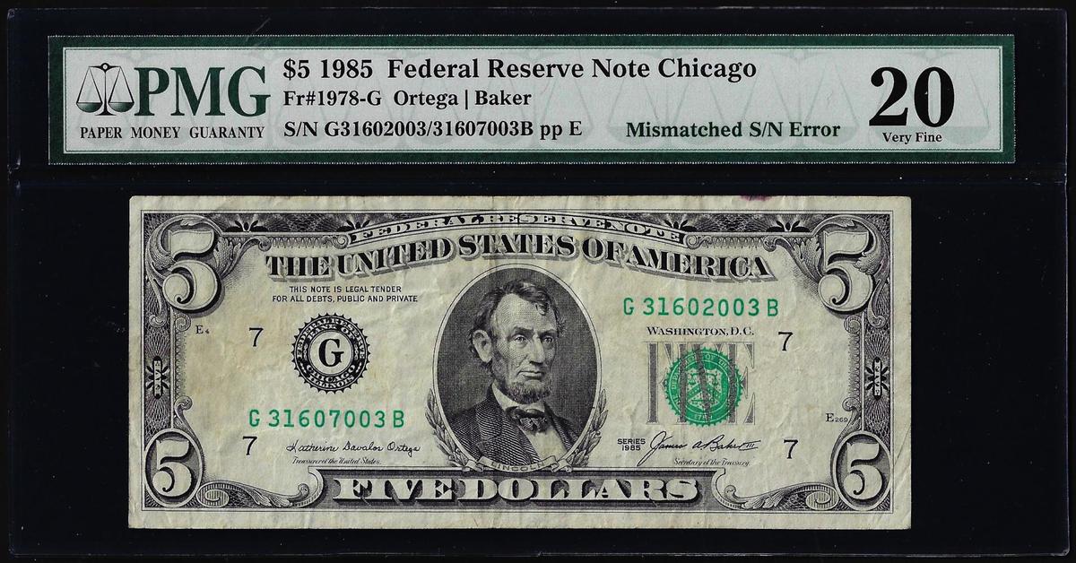 1985 $5 Federal Reserve Note Mismatched Serial Number Error Fr.1978-G PMG Very Fine 20