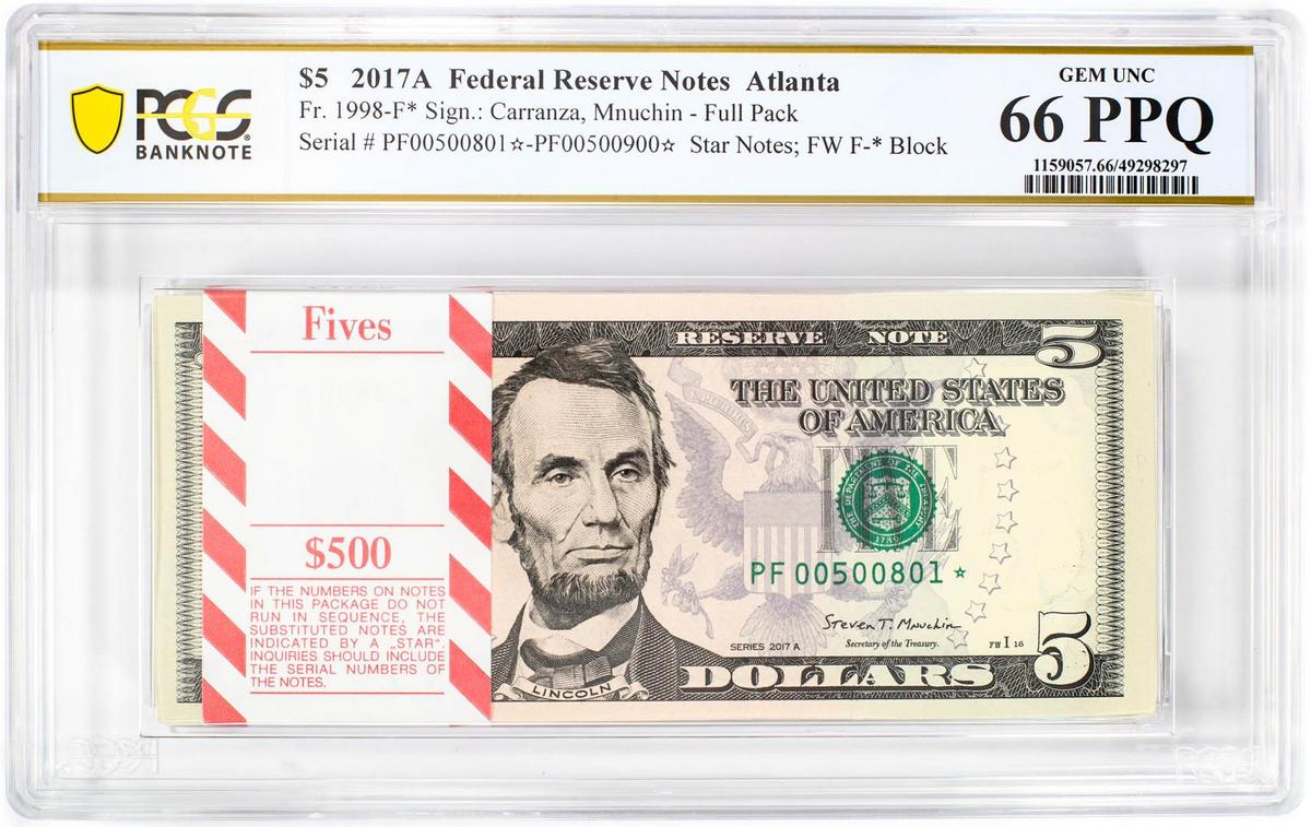 Pack of 2017A $5 Federal Reserve STAR Notes Atlanta Fr.1998-F* PCGS Gem UNC 66PPQ