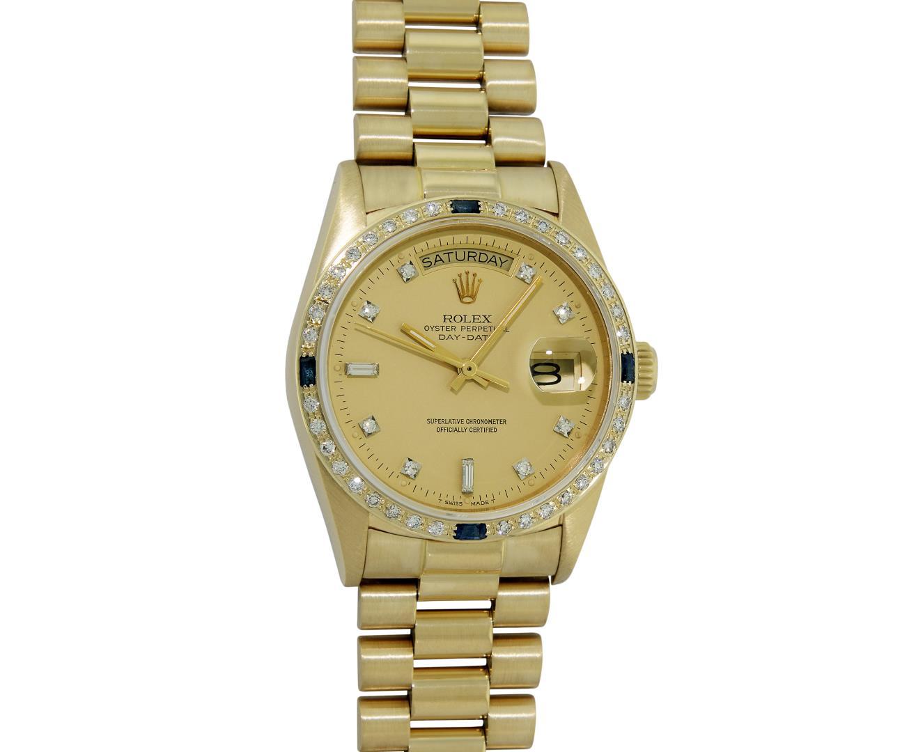 Rolex Men's 18K Yellow Gold Champagne Sapphire & Diamond Day Date President Wristwatch