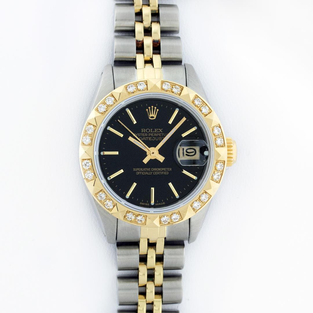 Rolex Ladies Two Tone Black Index Diamond Date Wristwatch