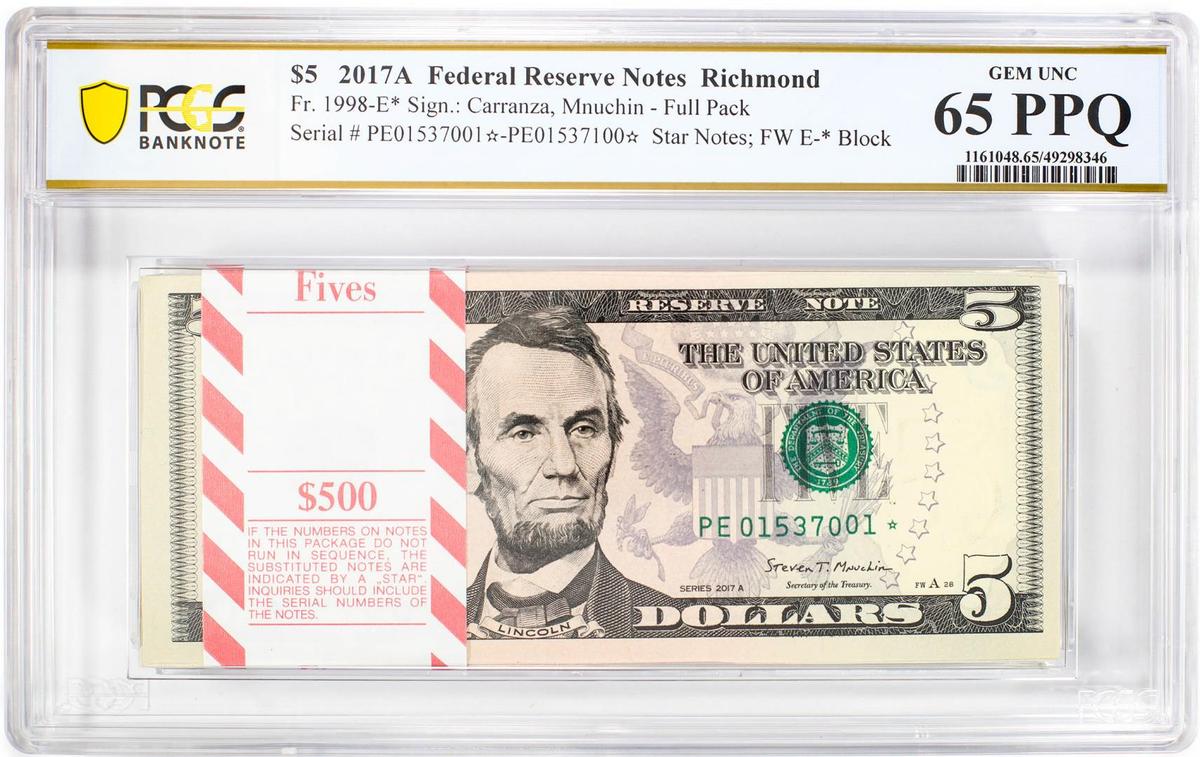 Pack of 2017A $5 Federal Reserve STAR Notes Richmond Fr.1998-E* PCGS Gem UNC 65PPQ