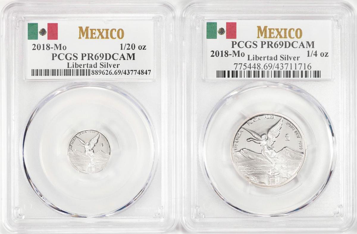 Set of (2) 2018Mo Mexico 1/4oz and Mo 1/20 oz Silver Libertad Coins PCGS PR69DCAM
