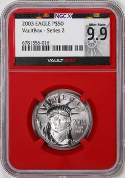 2003 $50 American Platinum Eagle Coin NGCX Mint State 9.9 VaultBox Red Core Series 2