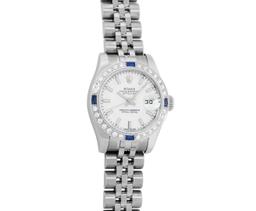 Rolex Ladies Stainless Steel White Index Sapphire and Diamond Datejust Wristwatch