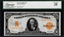 1922 $10 Gold Certificate Note Fr.1173 Legacy Very Fine 30