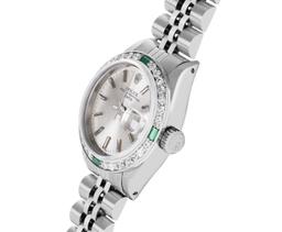 Rolex Ladies Stainless Steel Emerald and Diamond Date Wristwatch With Rolex Box