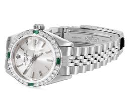 Rolex Ladies Stainless Steel Emerald and Diamond Date Wristwatch With Rolex Box