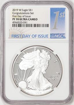 2019-W $1 American Silver Eagle Coin NGC PF70 Ultra Cameo FDOI Congratulations Set
