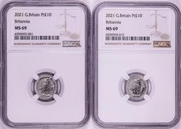 Lot of (2) 2021 Great Britain 10 Pounds Britannia 1/10oz Platinum Coins NGC MS69