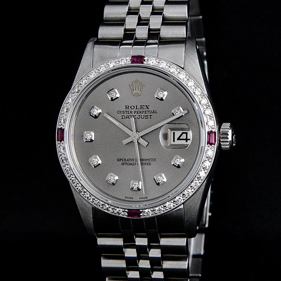 Rolex Mens Stainless Steel Slate Gray Ruby and Diamond Datejust Wristwatch