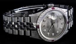 Rolex Mens Stainless Steel Slate Gray Ruby and Diamond Datejust Wristwatch