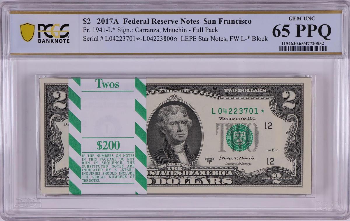 Pack 2017A $2 Federal Reserve STAR Notes San Francisco Fr.1941-L* PCGS Gem UNC 65PPQ