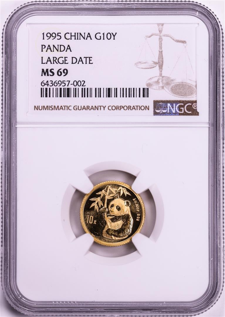 1995 Large Date China 10 Yuan Panda 1/10 oz. Gold Coin NGC MS69