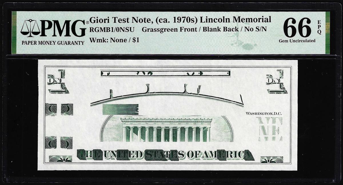 Circa 1970's Lincoln Memorial Giori Test Note PMG Gem Uncirculated 66EPQ